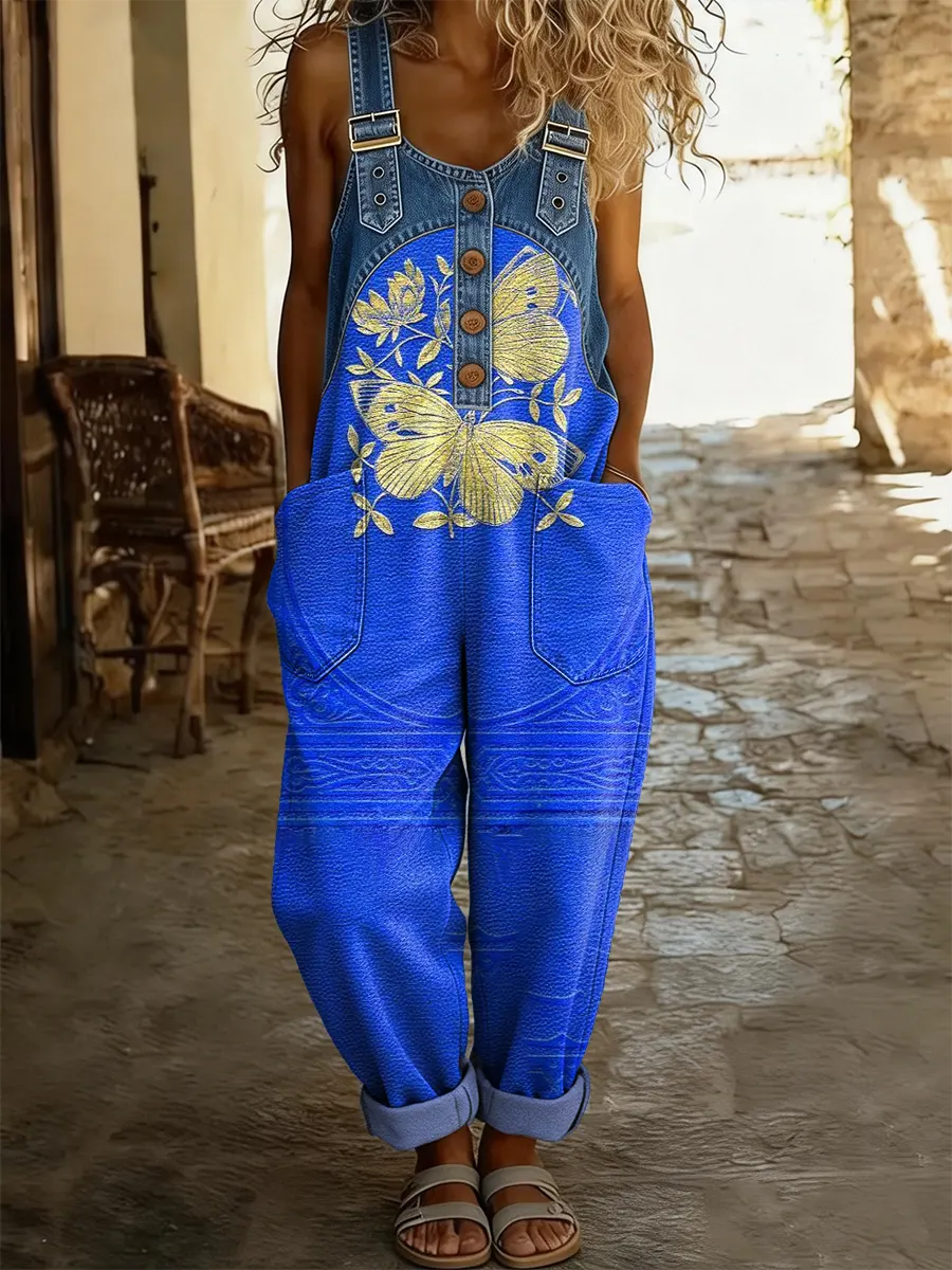 Women's Vintage Butterfly Floral Art Print Washed Cotton Denim Patchwork Jumpsuit